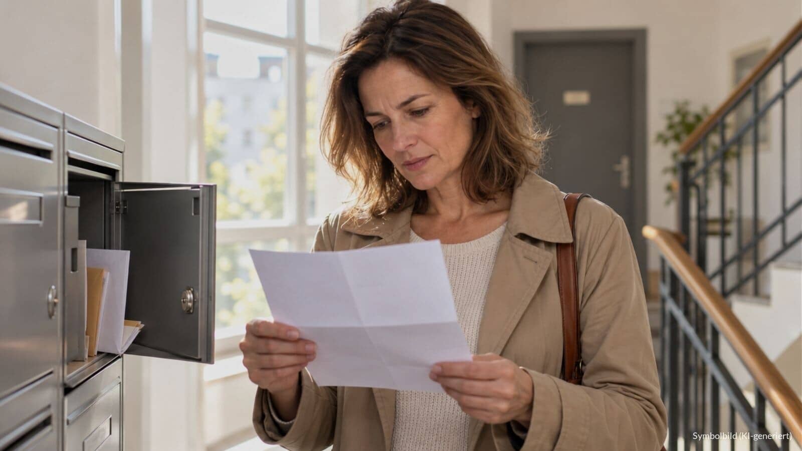 Mieterin liest im Treppenhaus ein Schreiben zur Mieterhöhung neben ihrem geöffneten Briefkasten