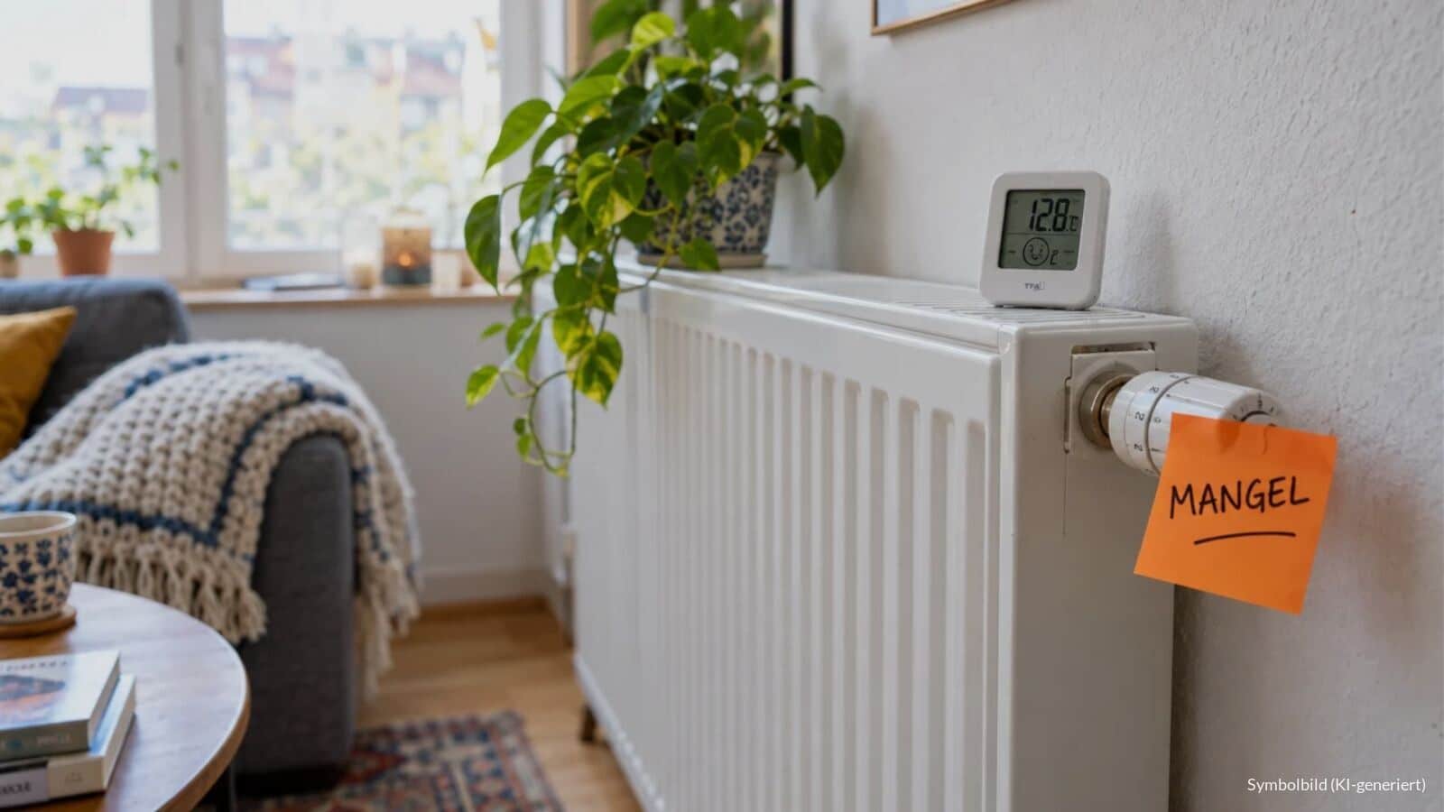 Heizkörper in einer Mietwohnung mit Thermometer und orangefarbenem Zettel mit der Aufschrift Mangel als Symbol für eine Mietminderung