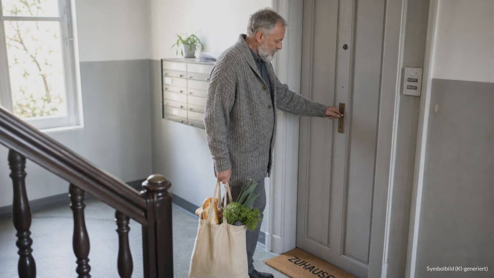 Älterer Mann schließt im hellen Treppenhaus eines Mehrfamilienhauses seine Wohnungstür auf, vor der Tür liegt eine Fußmatte mit der Aufschrift „Zuhause“.