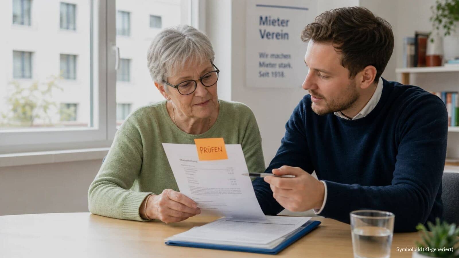 Ältere Mieterin und Mitarbeiter eines Mietervereins prüfen gemeinsam ein Schreiben zur Mieterhöhung nach Modernisierung, darauf ein Haftnotizzettel mit dem Wort „PRÜFEN“.