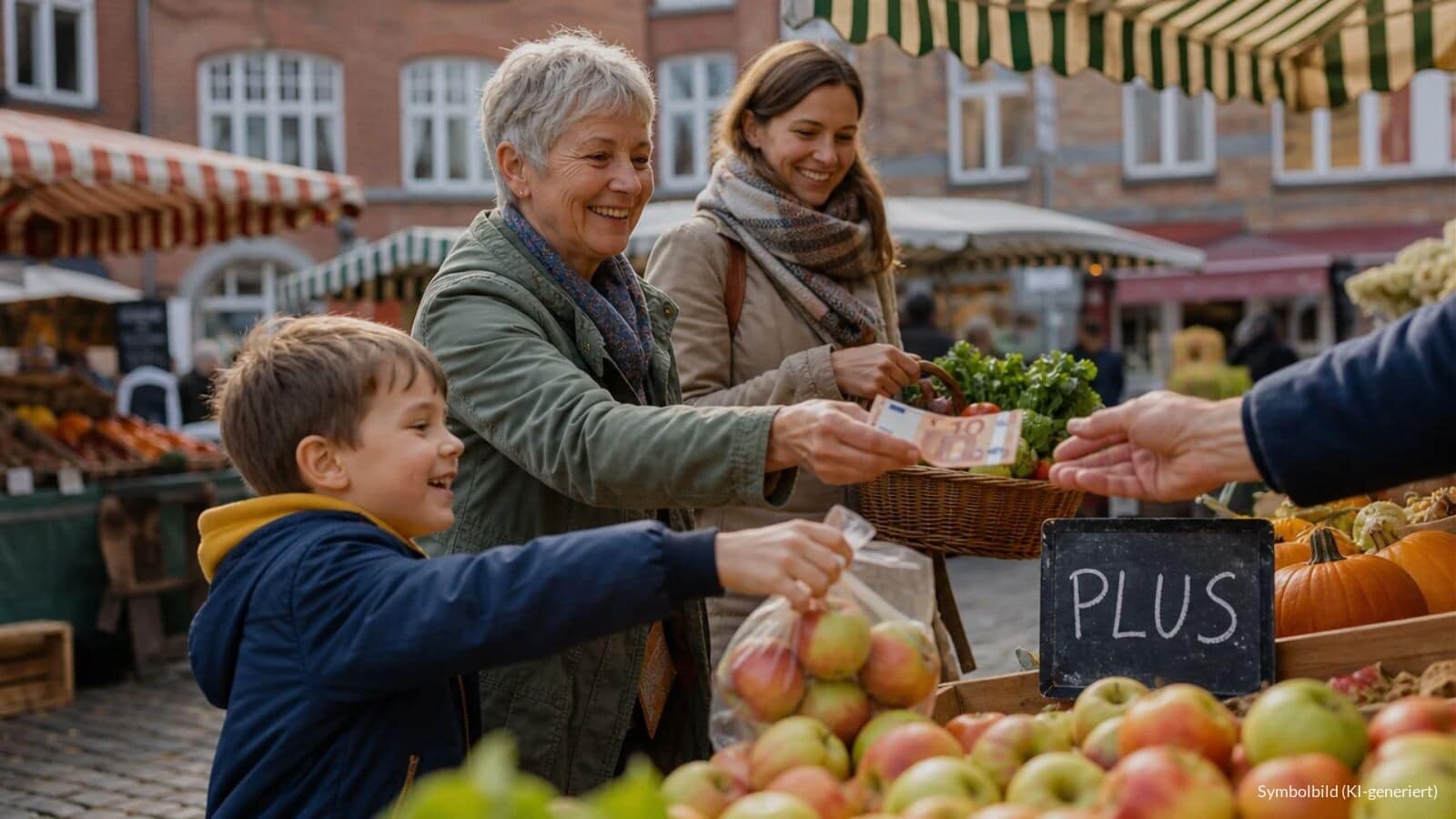 Großmutter bezahlt mit ihrer erwachsenen Tochter und Enkelkind an einem Obststand auf dem Wochenmarkt, auf der Kreidetafel steht „PLUS“