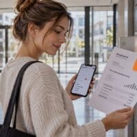 Mieter hält eine Nebenkostenabrechnung mit orangefarbenem Haftzettel „FRIST“ vor modernen Briefkästen in einem hellen Hausflur.