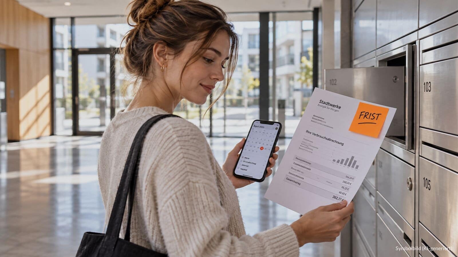 Mieter hält eine Nebenkostenabrechnung mit orangefarbenem Haftzettel „FRIST“ vor modernen Briefkästen in einem hellen Hausflur.