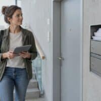 Ungeöffnete Briefe in einem modernen Briefkasten mit gelber Haftnotiz „TERMIN“, im Hintergrund eine Sozialarbeiterin mit Tablet vor einer Wohnungstür