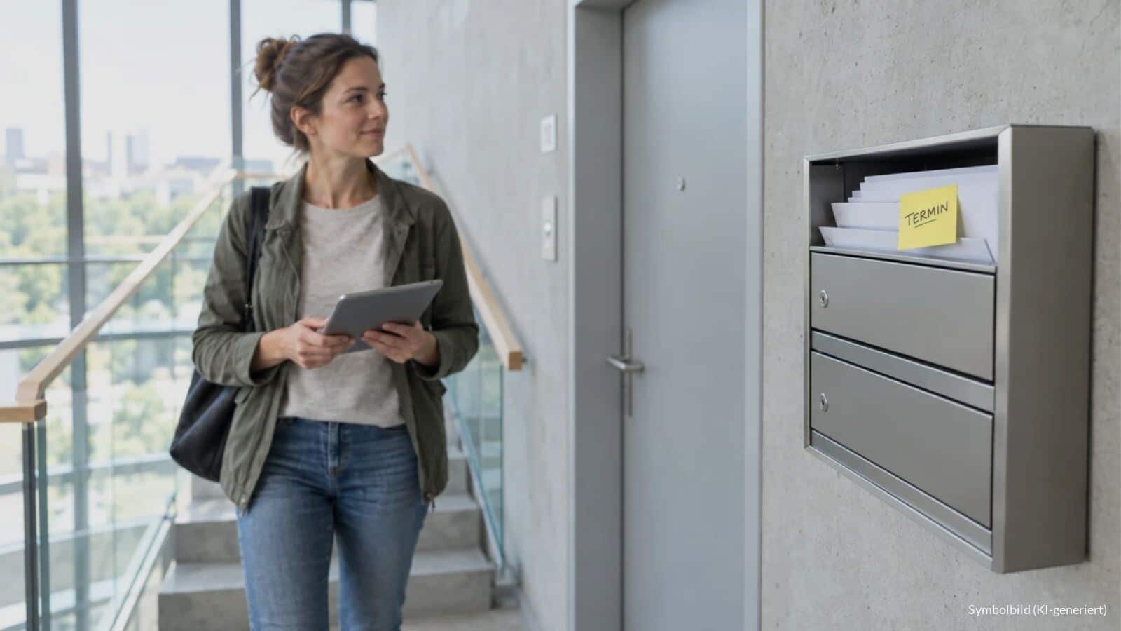 Ungeöffnete Briefe in einem modernen Briefkasten mit gelber Haftnotiz „TERMIN“, im Hintergrund eine Sozialarbeiterin mit Tablet vor einer Wohnungstür