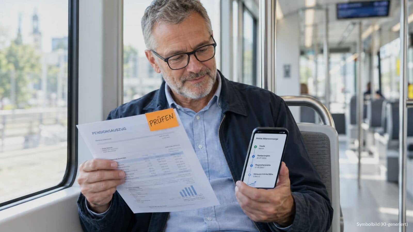 Mann um die 60 vergleicht in einer modernen Straßenbahn seine Rentenauskunft mit dem Smartphone, auf dem Dokument klebt ein oranger Zettel mit der Aufschrift „PRÜFEN“.