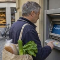 Mann hebt an einem Geldautomaten in einer Fußgängerzone Geld von seinem P-Konto ab
