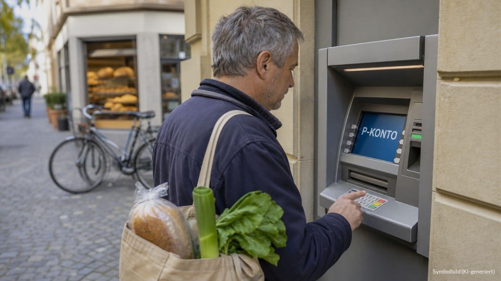 Mann hebt an einem Geldautomaten in einer Fußgängerzone Geld von seinem P-Konto ab