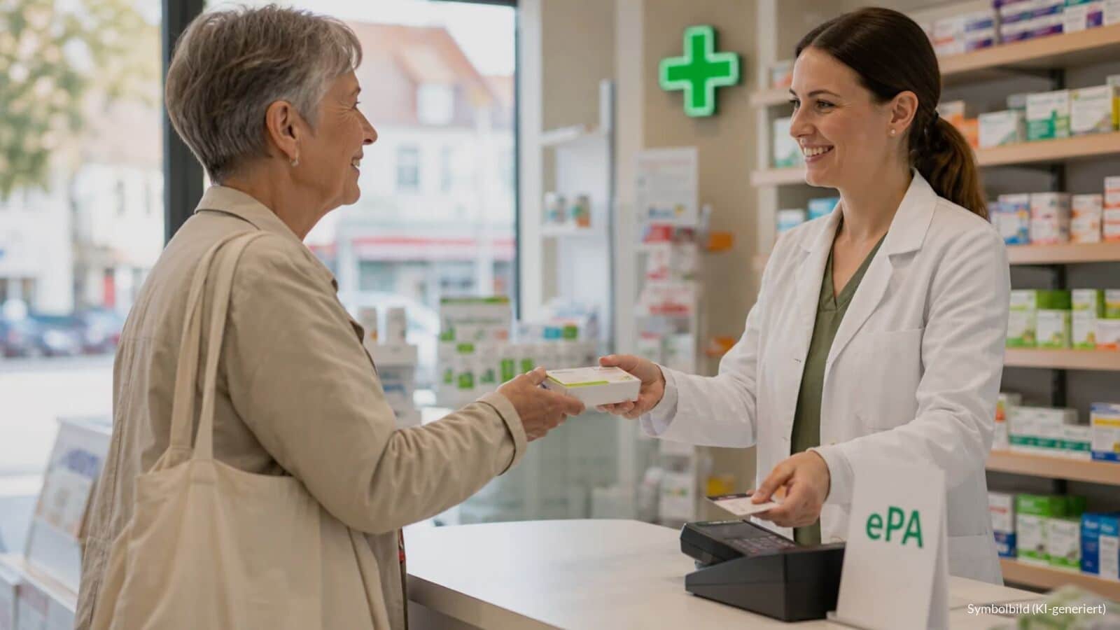 Ältere Frau nimmt in einer Apotheke eine Medikamentenpackung entgegen, auf der Theke steht ein Aufsteller mit der Aufschrift ePA.
