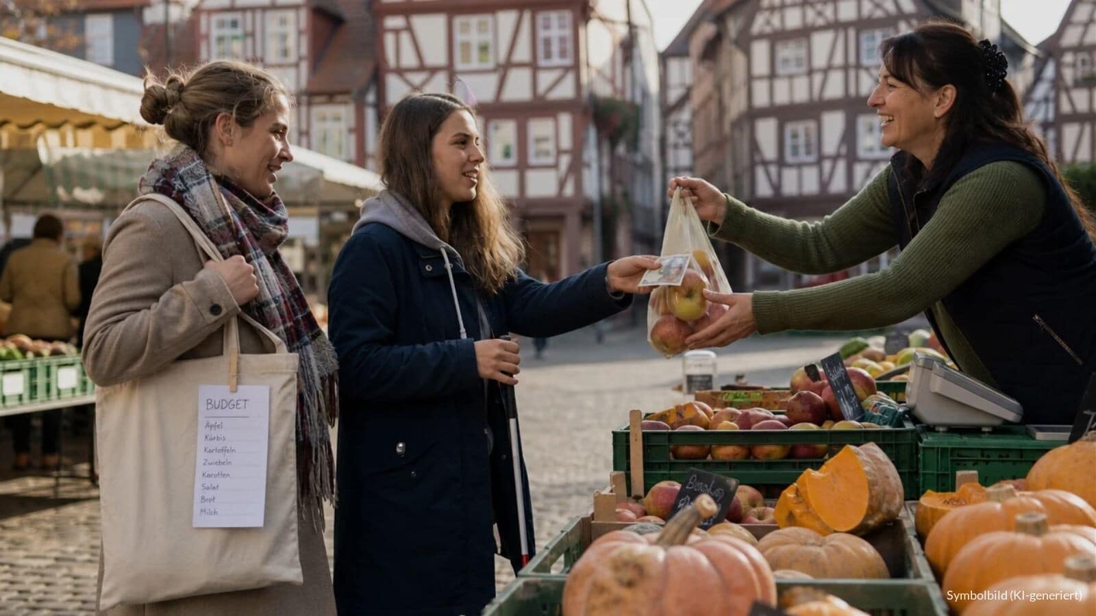 Junge Frau mit Blindenstock bezahlt an einem Marktstand, neben ihr ihre Assistentin mit einer Einkaufstasche.