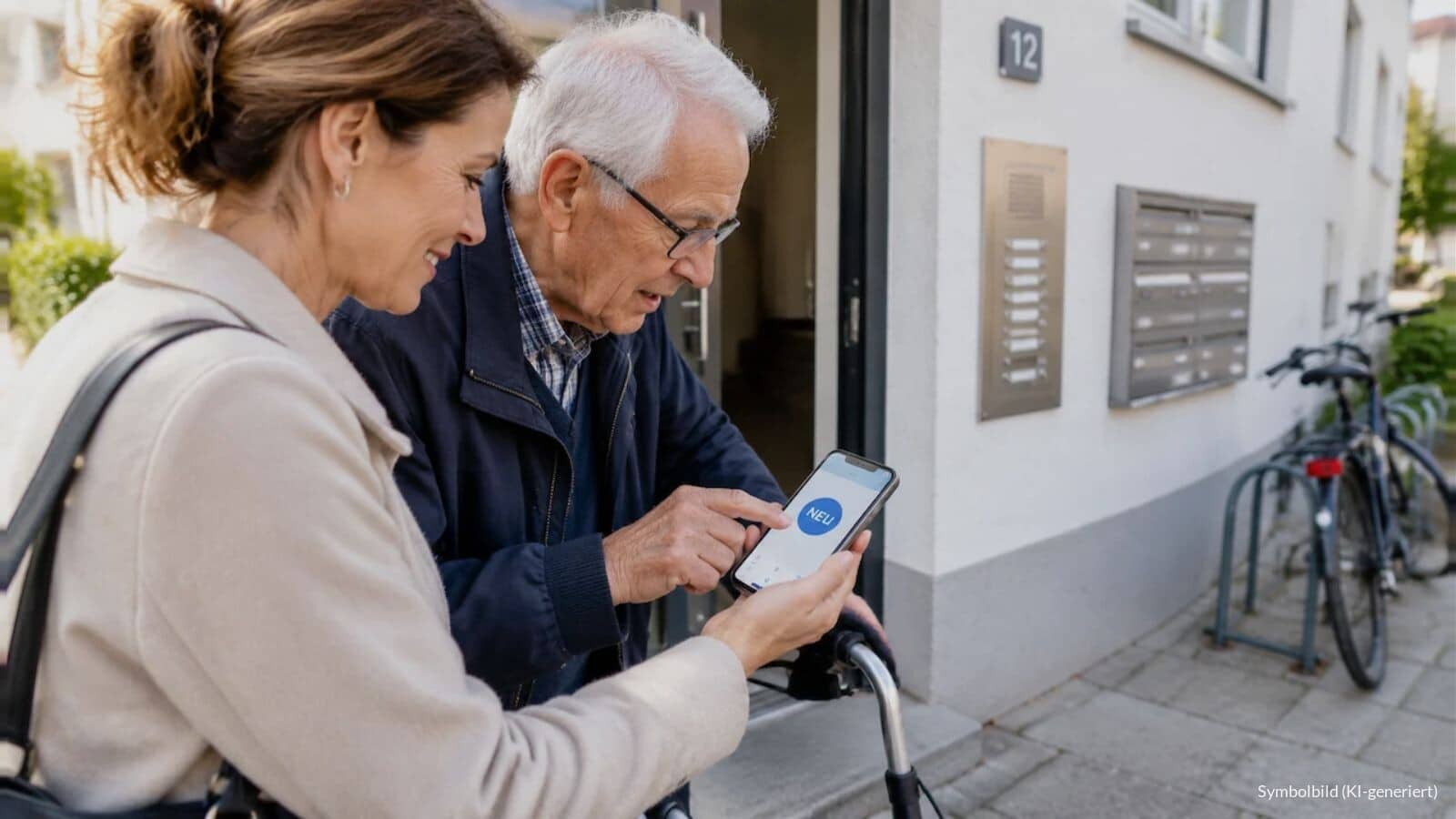 Tochter zeigt ihrem Vater mit Rollator vor dem Hauseingang auf dem Smartphone die neue Pflege-App, auf dem Display steht „NEU“.