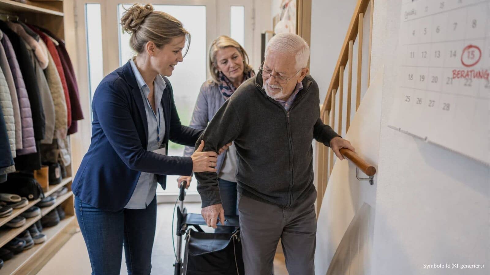 Pflegeberaterin zeigt einem älteren Mann bei einem Hausbesuch im Flur, wie er sich sicher am Treppenhandlauf hochzieht, die Tochter hält den Rollator.