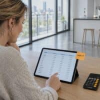 Frau mittleren Alters vergleicht in einer hellen Wohnung auf dem Tablet die geplanten Pflegegeld-Beträge 2027. Daneben liegt eine Haftnotiz mit dem Wort „TABELLE“.