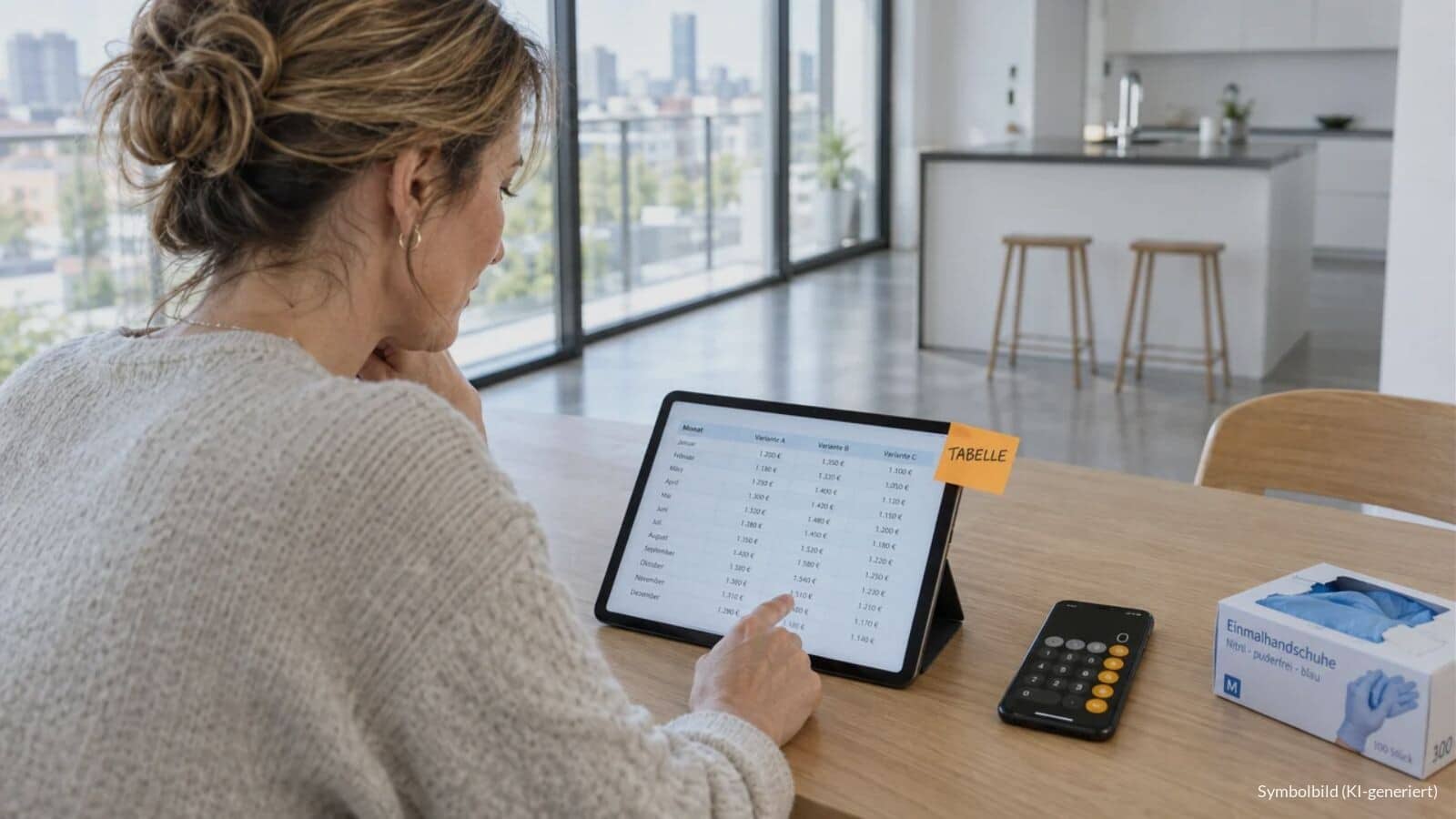 Frau mittleren Alters vergleicht in einer hellen Wohnung auf dem Tablet die geplanten Pflegegeld-Beträge 2027. Daneben liegt eine Haftnotiz mit dem Wort „TABELLE“.