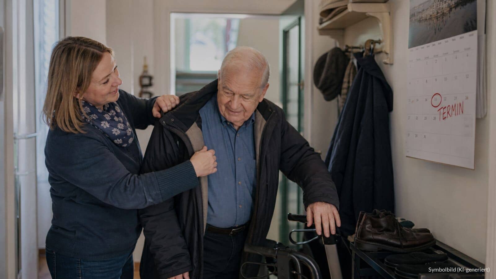 Tochter hilft ihrem älteren Vater mit Rollator im Hausflur in die Jacke, im Hintergrund ein Wandkalender mit rot eingekreistem Termin.