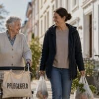 Ältere Frau mit Rollator geht mit einer Alltagshelferin, die Einkaufstüten trägt, über einen Gehweg vor einem Wohnhaus