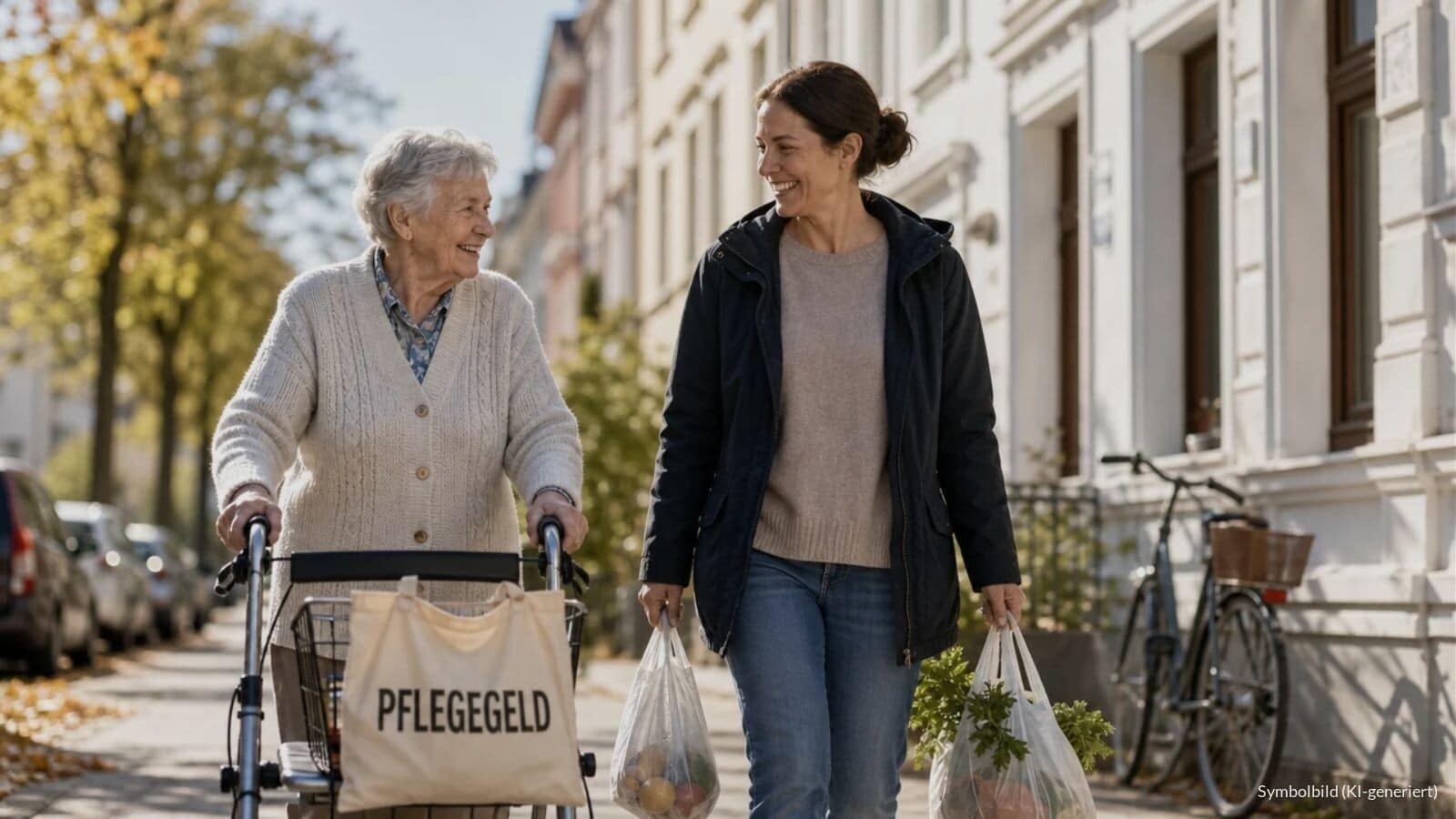 Ältere Frau mit Rollator geht mit einer Alltagshelferin, die Einkaufstüten trägt, über einen Gehweg vor einem Wohnhaus