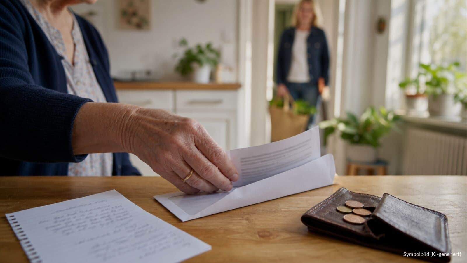 Ältere Frau öffnet in heller Küche einen Brief der Pflegekasse, daneben Portemonnaie mit Münzen, im Hintergrund eine Haushaltshilfe mit Einkaufstasche