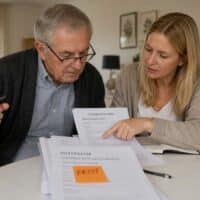 Älterer Mann mit Gehstock und seine Tochter prüfen am Esstisch ein Pflegegutachten, auf dem Antragsformular klebt eine Haftnotiz mit dem Wort „FRIST“.