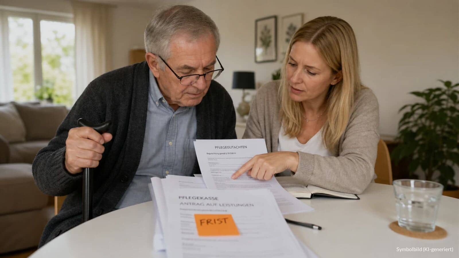 Älterer Mann mit Gehstock und seine Tochter prüfen am Esstisch ein Pflegegutachten, auf dem Antragsformular klebt eine Haftnotiz mit dem Wort „FRIST“.