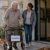 Älterer Mann mit Rollator verlässt mit Unterstützung seiner Tochter einen Hauseingang, am Rollator ein Anhänger mit der Aufschrift Pflegegrad 2.