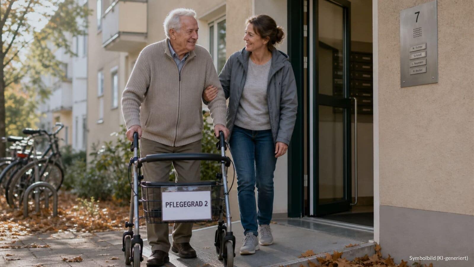 Älterer Mann mit Rollator verlässt mit Unterstützung seiner Tochter einen Hauseingang, am Rollator ein Anhänger mit der Aufschrift Pflegegrad 2.