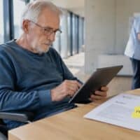 Älterer Mann im Rollstuhl prüft in seiner hellen Wohnung auf einem Tablet einen Bescheid, daneben ein Brief mit gelber Haftnotiz mit der Aufschrift „60 %“ und dem Wort „PRÜFEN“.