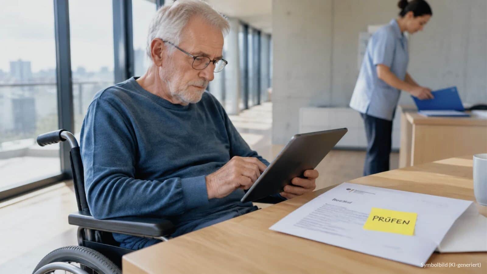 Älterer Mann im Rollstuhl prüft in seiner hellen Wohnung auf einem Tablet einen Bescheid, daneben ein Brief mit gelber Haftnotiz mit der Aufschrift „60 %“ und dem Wort „PRÜFEN“.