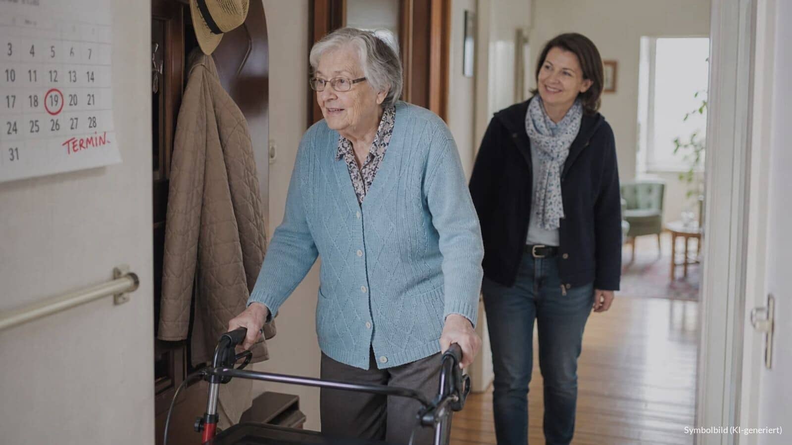 Ältere Frau geht mit ihrem Rollator durch den Flur ihrer Wohnung, während eine Gutachterin des Medizinischen Dienstes beim Hausbesuch aufmerksam zusieht