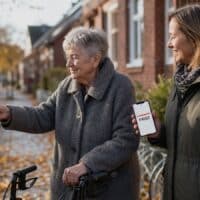 Ältere Frau mit Rollator wirft mit ihrer Tochter einen Brief in einen gelben Briefkasten, auf dem Smartphone der Tochter steht das Wort FRIST.