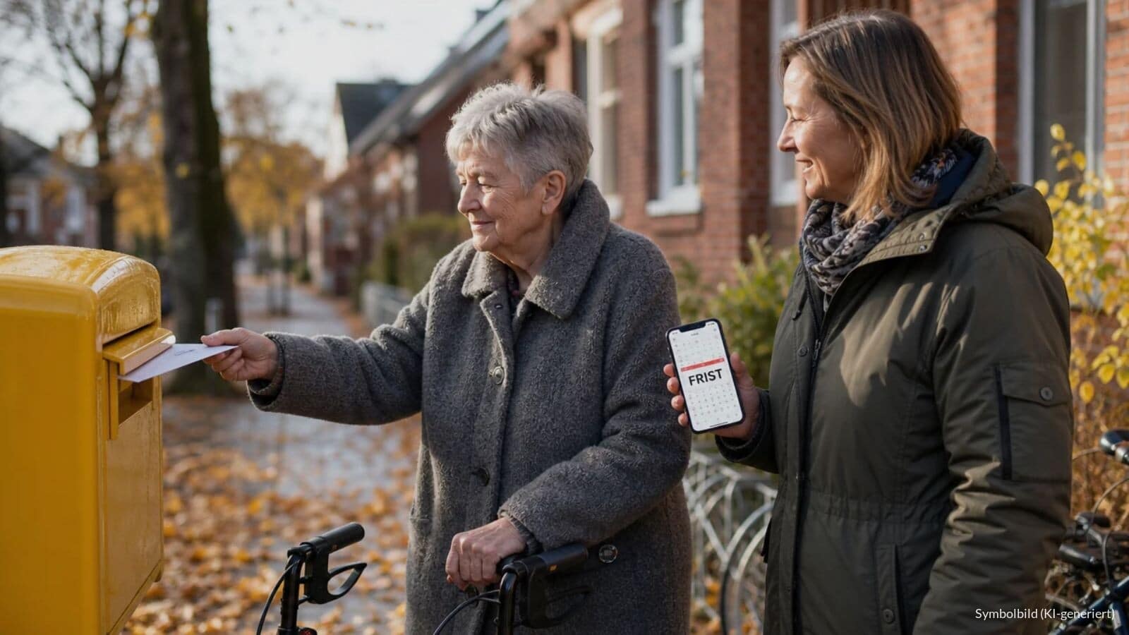 Ältere Frau mit Rollator wirft mit ihrer Tochter einen Brief in einen gelben Briefkasten, auf dem Smartphone der Tochter steht das Wort FRIST.