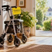 Rollator im hellen Hausflur mit gelber Karte am Griff, auf der „TERMIN“ steht, als Symbol für den Gutachterbesuch zur Pflegegrad-Einstufung