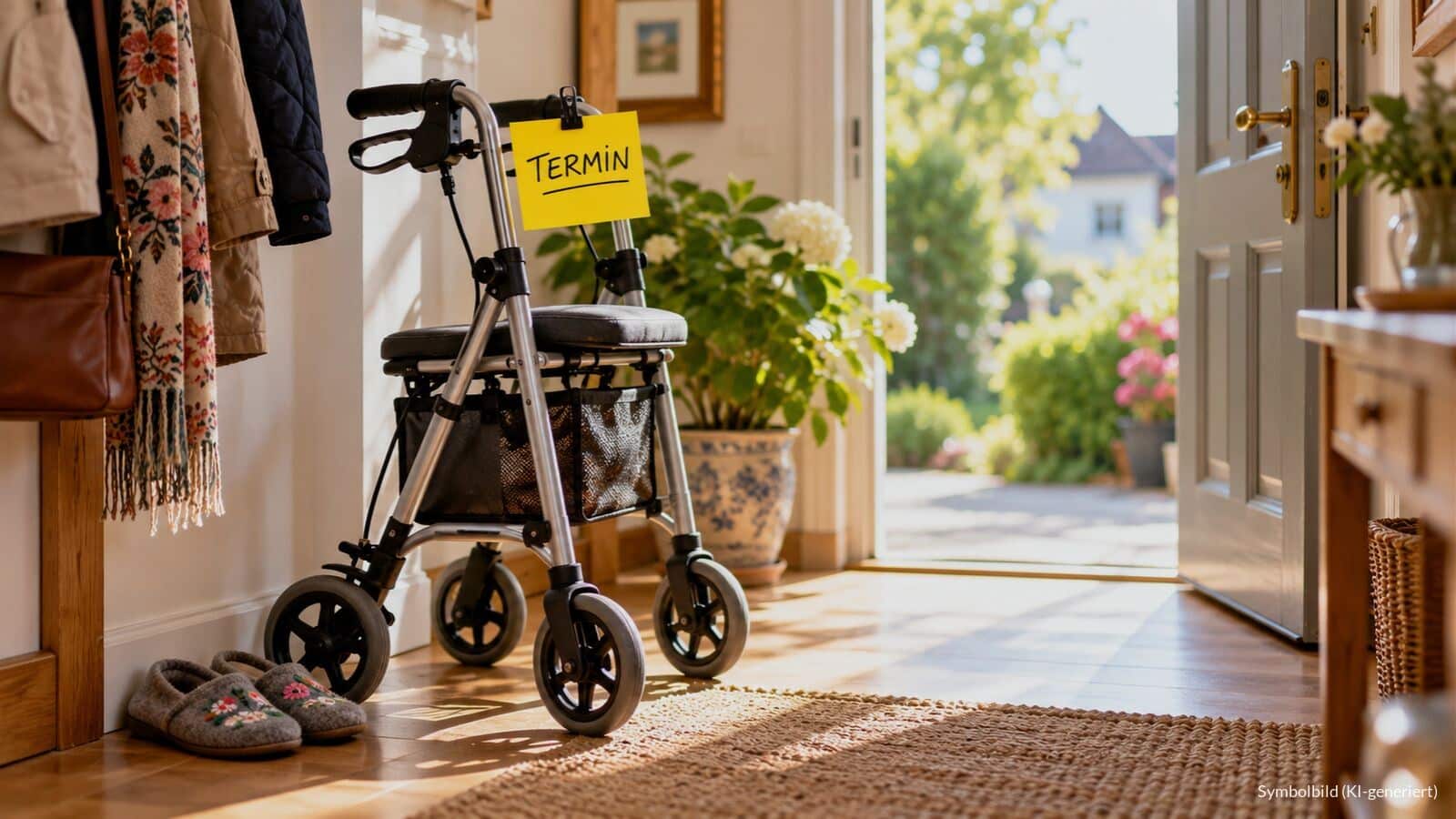 Rollator im hellen Hausflur mit gelber Karte am Griff, auf der „TERMIN“ steht, als Symbol für den Gutachterbesuch zur Pflegegrad-Einstufung