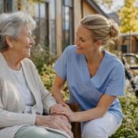 Seniorin und Pflegefachkraft halten sich in einem hellen Innenhof einer modernen Pflegewohnanlage lächelnd an den Händen.