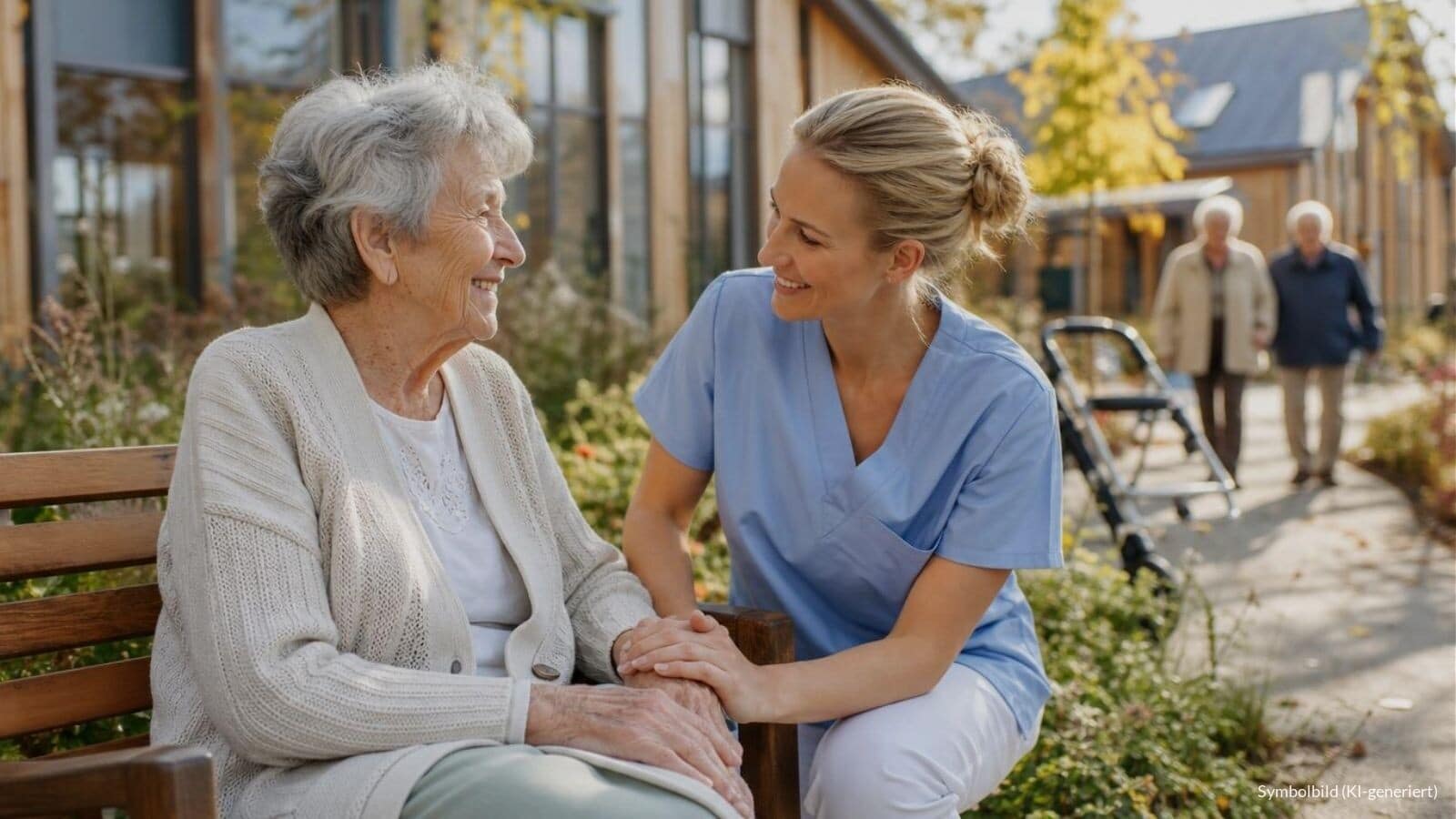 Seniorin und Pflegefachkraft halten sich in einem hellen Innenhof einer modernen Pflegewohnanlage lächelnd an den Händen.