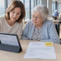 Tochter und ältere Mutter prüfen in einem hellen, modernen Gemeinschaftsraum eines Pflegeheims ein Schreiben zur Kostenerhöhung, daneben eine gelbe Haftnotiz mit dem Wort KOSTEN.