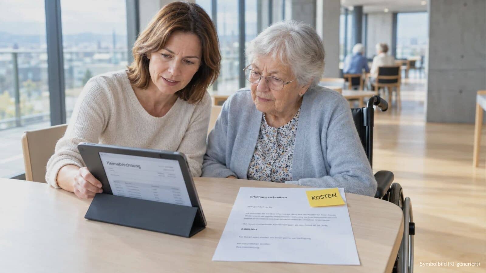 Tochter und ältere Mutter prüfen in einem hellen, modernen Gemeinschaftsraum eines Pflegeheims ein Schreiben zur Kostenerhöhung, daneben eine gelbe Haftnotiz mit dem Wort KOSTEN.