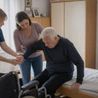 Pflegefachkraft zeigt einer Tochter am Pflegebett, wie sie ihren Vater rückenschonend in den Rollstuhl umsetzt, im Hintergrund ein Wandkalender mit dem Wort Pflegekurs