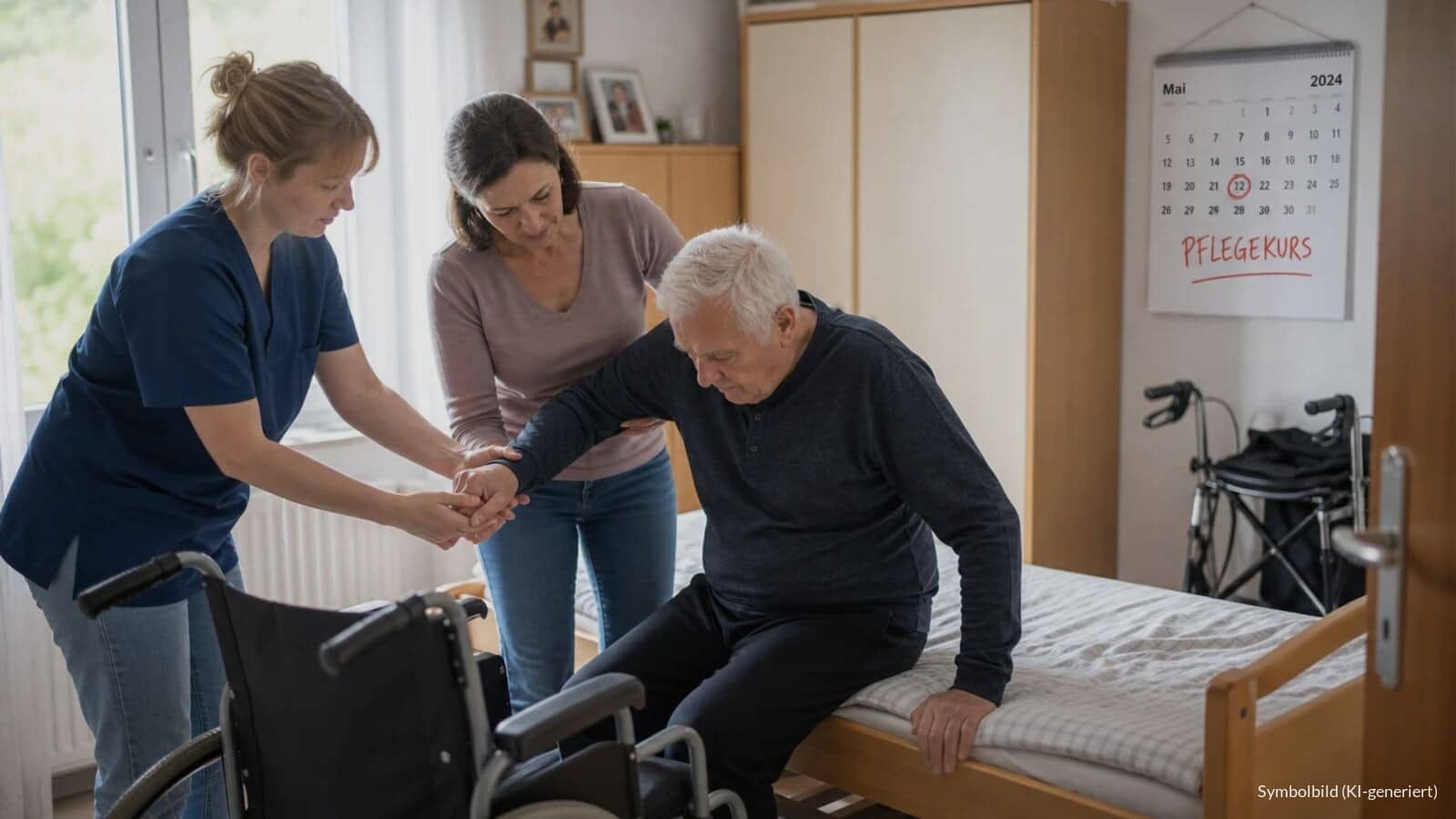 Pflegefachkraft zeigt einer Tochter am Pflegebett, wie sie ihren Vater rückenschonend in den Rollstuhl umsetzt, im Hintergrund ein Wandkalender mit dem Wort Pflegekurs