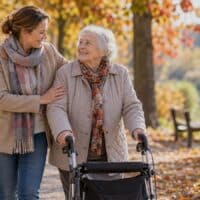 Tochter begleitet ihre ältere Mutter mit Rollator bei einem Spaziergang durch einen herbstlichen Park – Symbolbild zur Rente pflegender Angehöriger nach der Pflegereform 2027