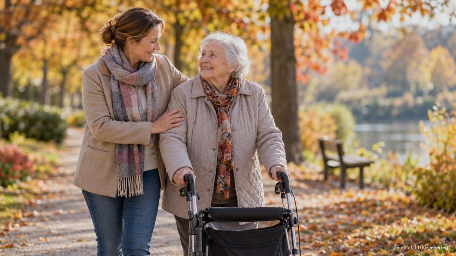 Tochter begleitet ihre ältere Mutter mit Rollator bei einem Spaziergang durch einen herbstlichen Park – Symbolbild zur Rente pflegender Angehöriger nach der Pflegereform 2027