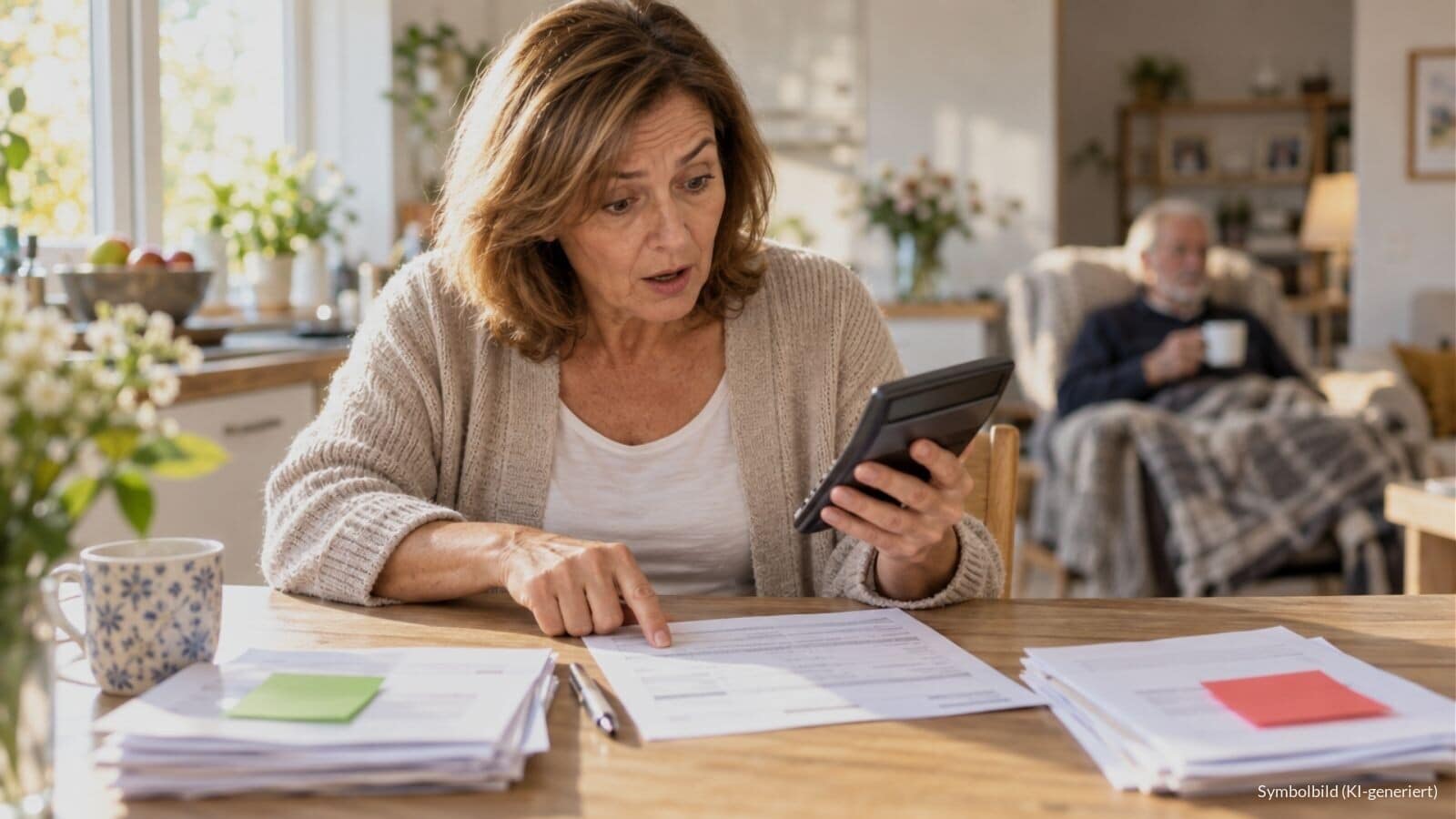Tochter und pflegebedürftige Mutter sitzen auf einer Gartenterrasse und prüfen gemeinsam ein Schreiben der Pflegekasse zur Pflegereform 2027.