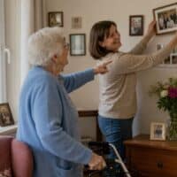 Ältere Bewohnerin eines Pflegeheims hängt mit ihrer erwachsenen Tochter ein Familienfoto in ihrem eingerichteten Zimmer auf, an der Wand ein Kalender mit rot eingekreistem Termin.