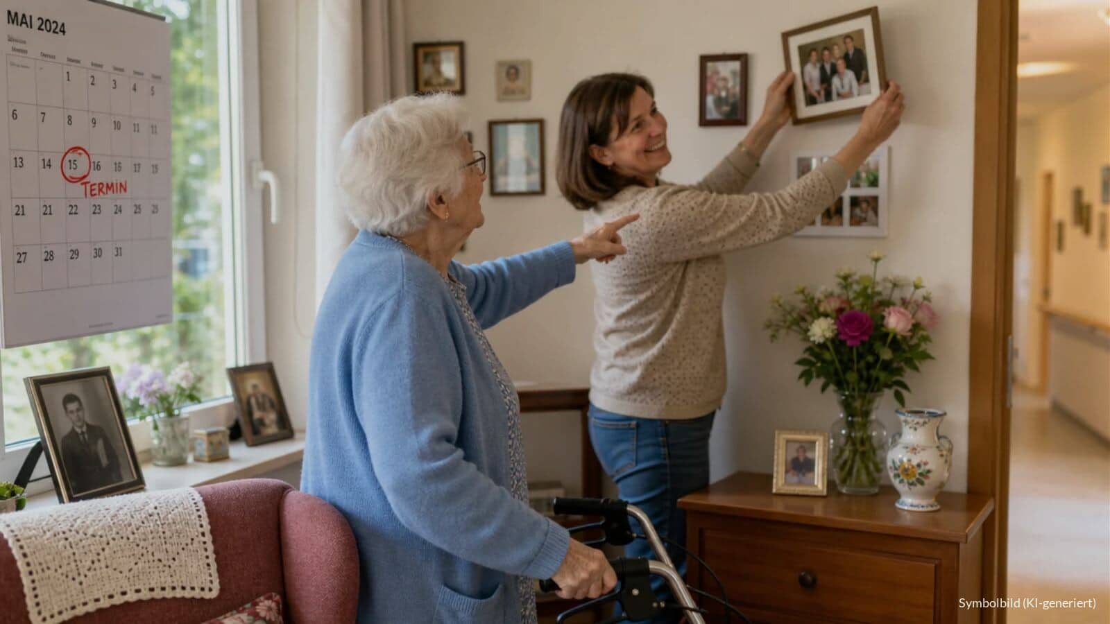 Ältere Bewohnerin eines Pflegeheims hängt mit ihrer erwachsenen Tochter ein Familienfoto in ihrem eingerichteten Zimmer auf, an der Wand ein Kalender mit rot eingekreistem Termin.