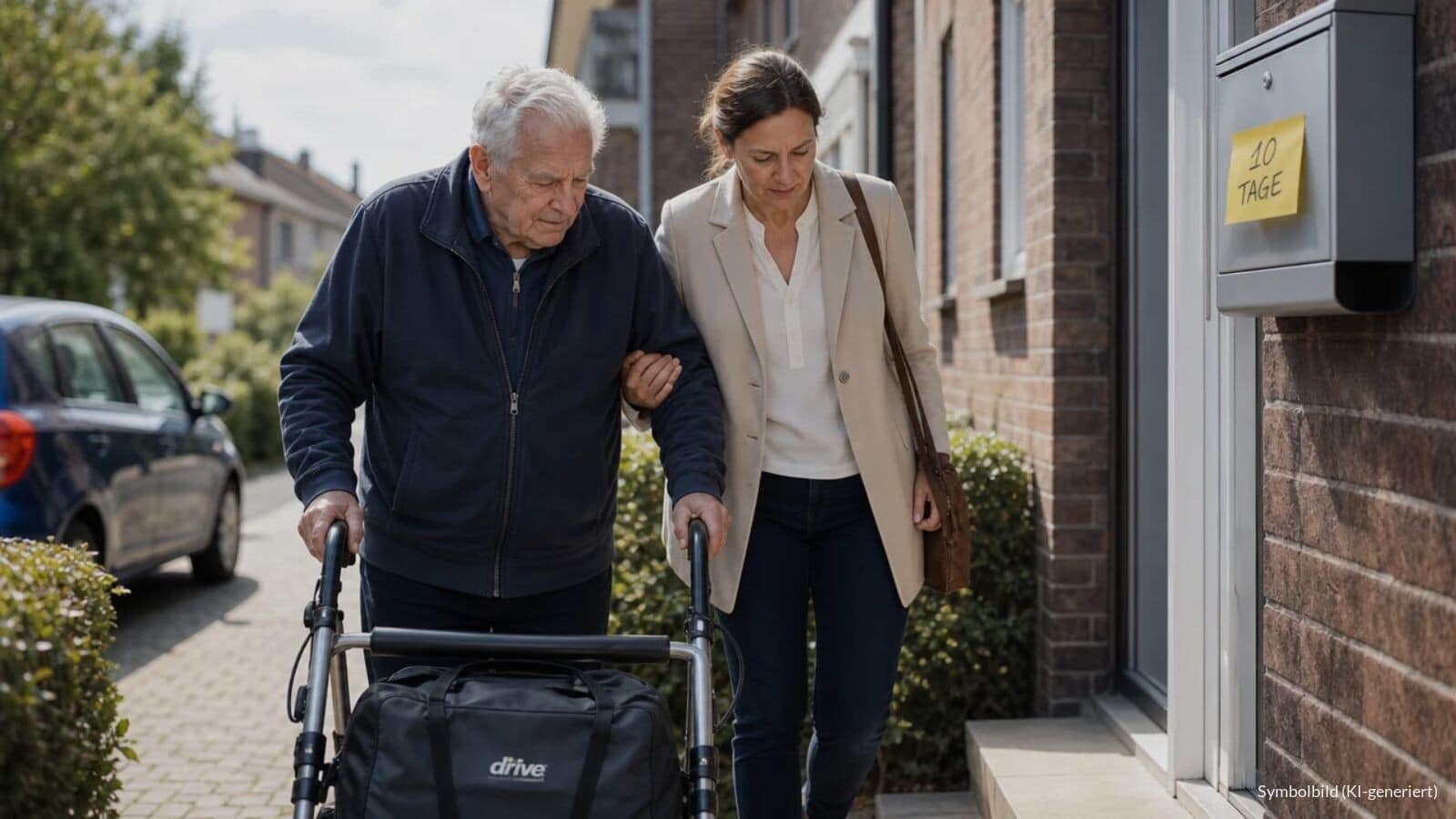 Berufstätige Tochter begleitet ihren Vater mit Rollator nach der Rückkehr aus dem Krankenhaus vom Auto zur Haustür