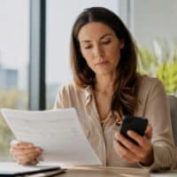 Frau in einem hellen Büro prüft ihre Gehaltsabrechnung und rechnet am Smartphone die Folgen des höheren Pflegezuschlags für Kinderlose ab 2027 nach.