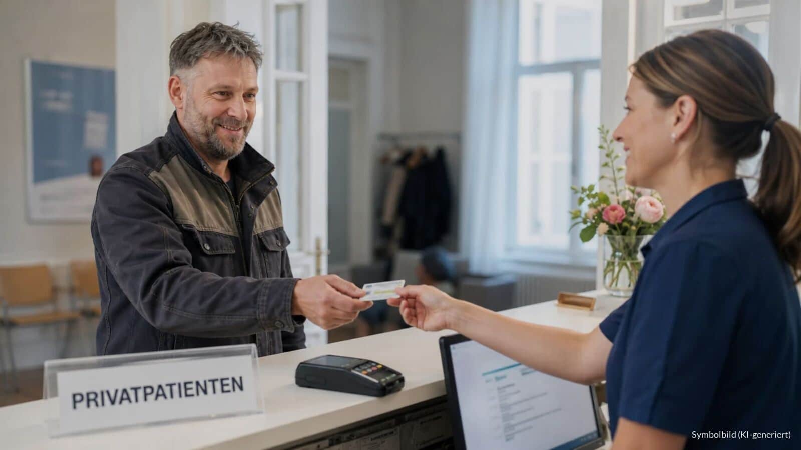 Mann mittleren Alters reicht an der Rezeption einer Arztpraxis seine Versichertenkarte über, auf dem Tresen steht ein Schild mit der Aufschrift Privatpatienten