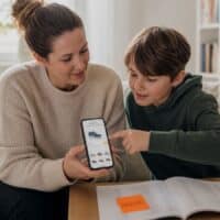 Mutter und Sohn sitzen im Wohnzimmer vor einem Onlineshop auf dem Smartphone, auf dem Kontoauszug klebt ein Zettel mit dem Wort „PRÜFUNG“.