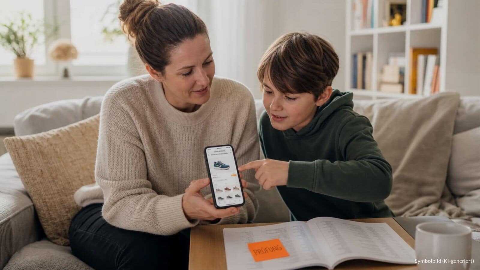 Mutter und Sohn sitzen im Wohnzimmer vor einem Onlineshop auf dem Smartphone, auf dem Kontoauszug klebt ein Zettel mit dem Wort „PRÜFUNG“.