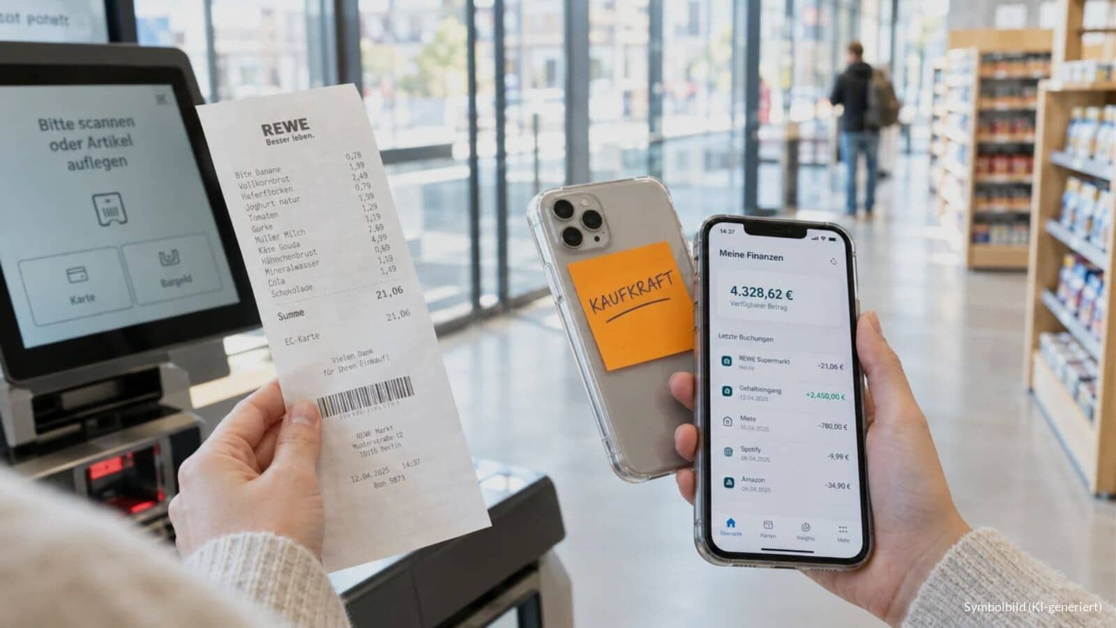 Hand hält an einer Supermarkt-Selbstbedienungskasse einen Kassenbon und ein Smartphone mit Haftnotiz „KAUFKRAFT“ – Symbolbild für den Kaufkraftverlust beim Regelsatz von 563 Euro